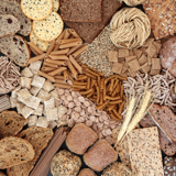 A range of foods containing carbohydrate, including cereal, pasta, bread and noodles